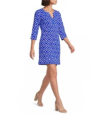 Jude Connally Megan Sail Geo Print Jude Cloth Stretch Knit 3/4 Sleeve Split V-Neck Shift Dress