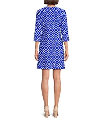 Jude Connally Megan Sail Geo Print Jude Cloth Stretch Knit 3/4 Sleeve Split V-Neck Shift Dress