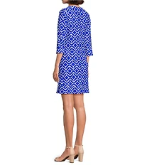 Jude Connally Megan Sail Geo Print Jude Cloth Stretch Knit 3/4 Sleeve Split V-Neck Shift Dress