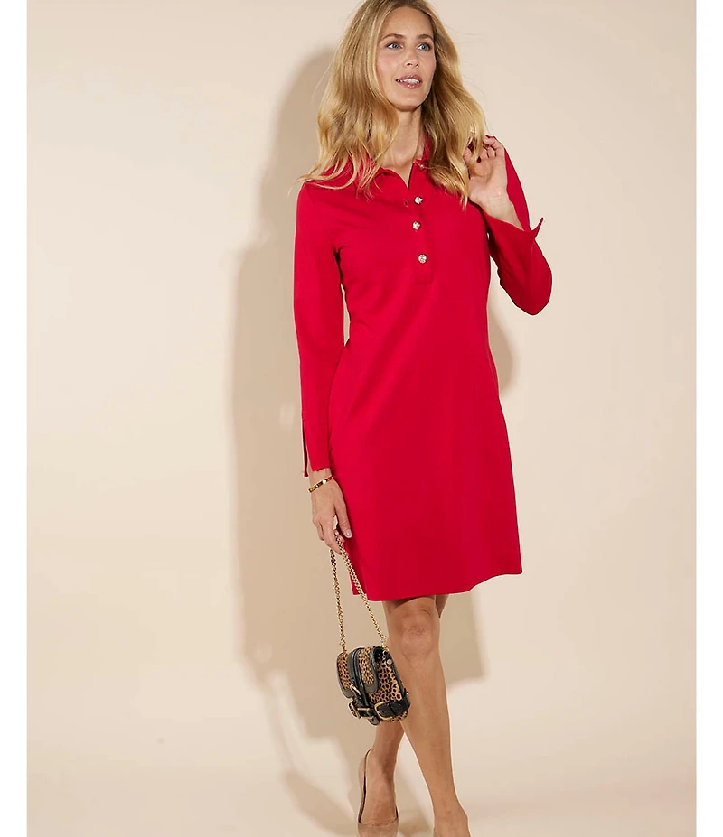 Jude Connally Midge Ponte Button Front Point Collar Long Sleeve Dress