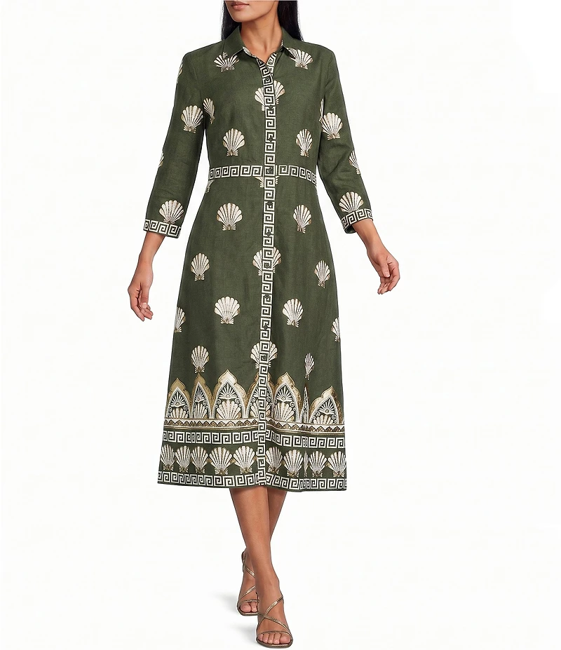 Jude Connally Minna Cotton Voile Gilded Shell Print Point Collar 3/4 Sleeve Midi Dress