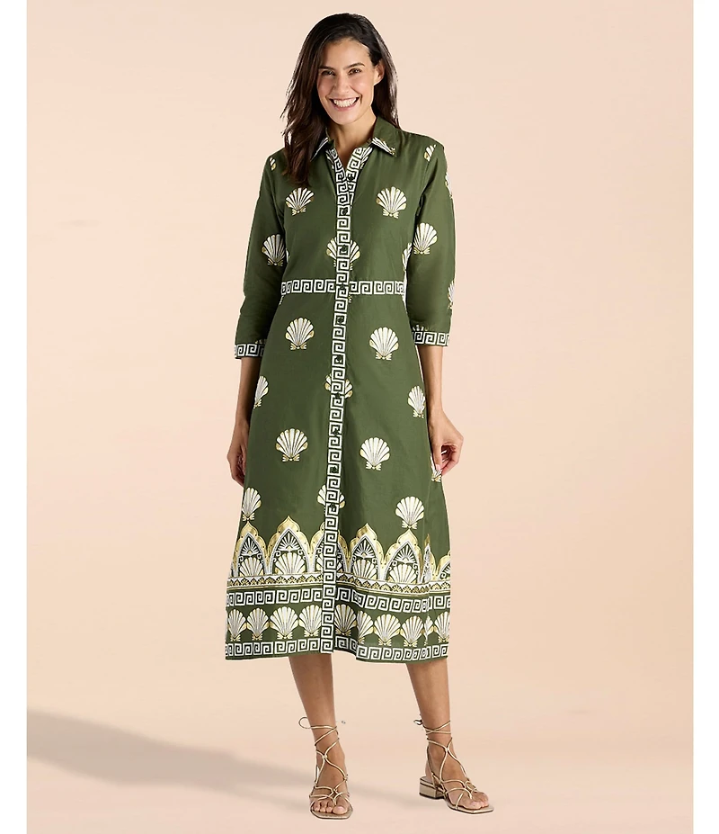 Jude Connally Minna Cotton Voile Gilded Shell Print Point Collar 3/4 Sleeve Midi Dress