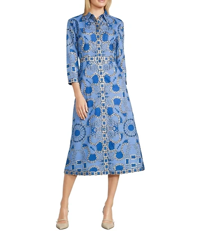 Jude Connally Minna Cotton Voile Heritage Chain Print Point Collar 3/4 Sleeve Midi Dress