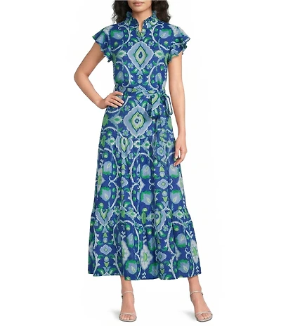 Jude Connally Mirabella Woven Garden Print Split V-Neck Short Flutter Sleeve A-Line Belted Maxi Dress