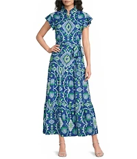 Jude Connally Mirabella Woven Garden Print Split V-Neck Short Flutter Sleeve A-Line Belted Maxi Dress
