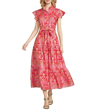 Jude Connally Mirabella Woven Imperial Garden Peony Print Split V-Neck Short Flutter Sleeve A-Line Belted Maxi Dress