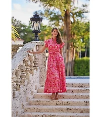 Jude Connally Mirabella Woven Imperial Garden Peony Print Split V-Neck Short Flutter Sleeve A-Line Belted Maxi Dress