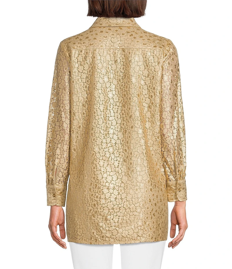Jude Connally Mitzi Metallic Flocked Cheetah Print Lace Point Collar Long Sleeve Top