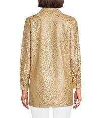 Jude Connally Mitzi Metallic Flocked Cheetah Print Lace Point Collar Long Sleeve Top