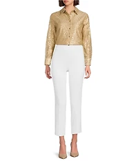 Jude Connally Mitzi Metallic Flocked Cheetah Print Lace Point Collar Long Sleeve Top