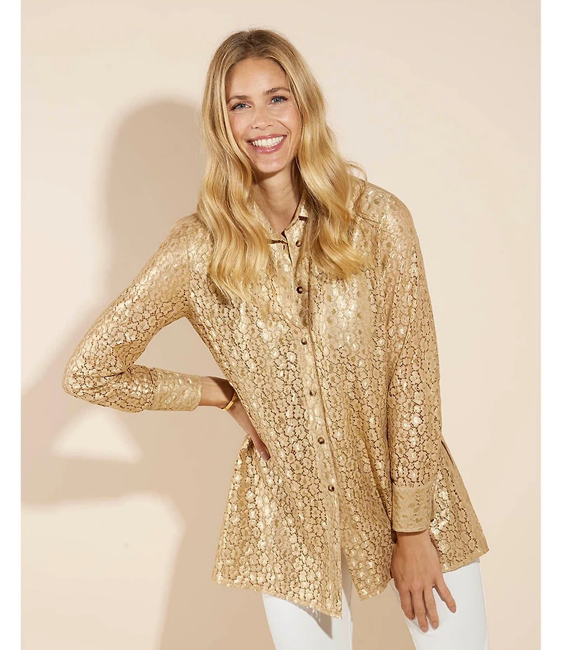 Jude Connally Mitzi Metallic Flocked Cheetah Print Lace Point Collar Long Sleeve Top