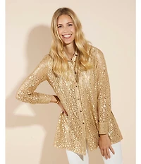 Jude Connally Mitzi Metallic Flocked Cheetah Print Lace Point Collar Long Sleeve Top