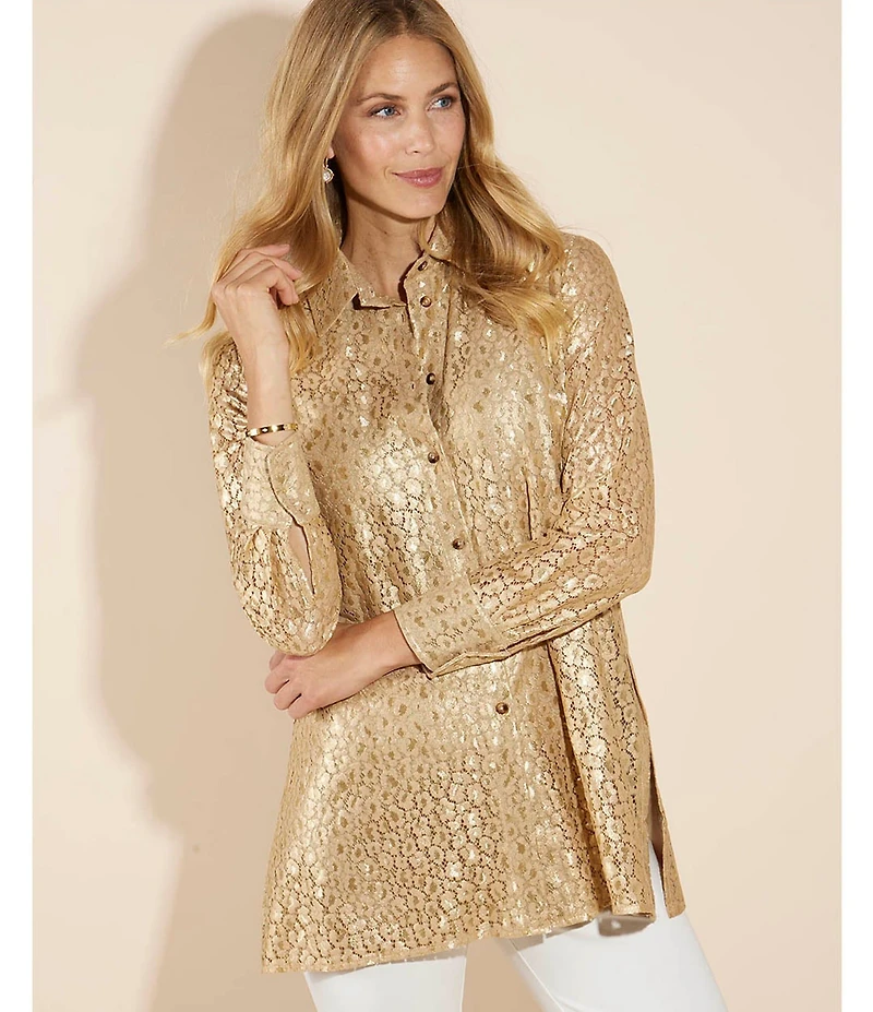 Jude Connally Mitzi Metallic Flocked Cheetah Print Lace Point Collar Long Sleeve Top
