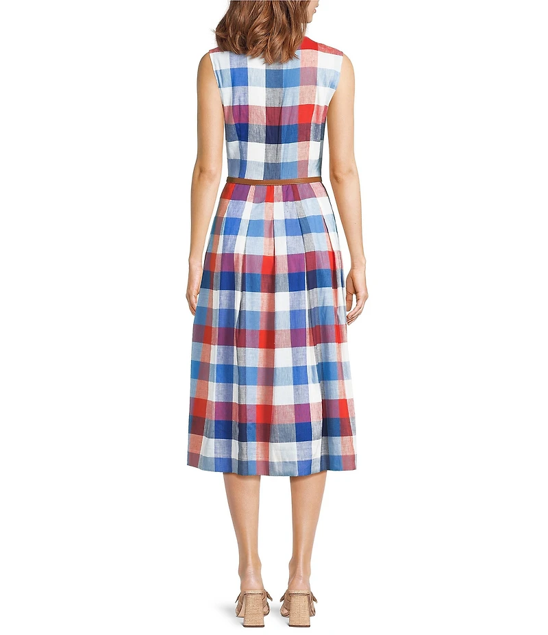 Jude Connally Pauline Montauk Plaid Crew Neck Sleeveless Belted Midi Dress