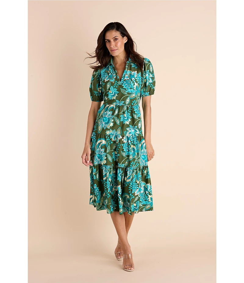 Jude Connally Portia Boho Floral Print Knit Jude Cloth V-Neck Tiered Dress