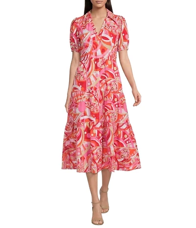 Jude Connally Portia Knit Jude Cloth Mod Party Peony Print Short Puff Sleeve V-Neck Tiered Dress