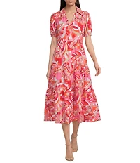 Jude Connally Portia Knit Jude Cloth Mod Party Peony Print Short Puff Sleeve V-Neck Tiered Dress