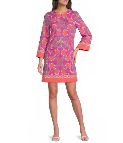 Jude Connally Renata Heritage Chains Print Crew Neck Long Bell Sleeve Swing Dress