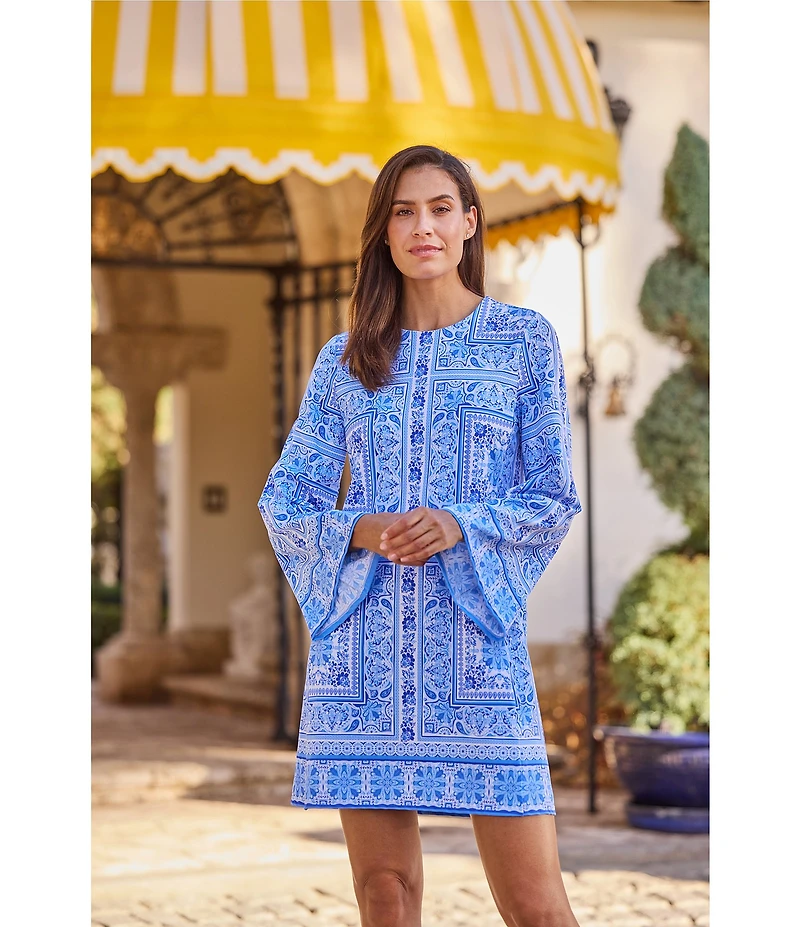 Jude Connally Renata Palace Tapestry Print Crew Neck Long Bell Sleeve Swing Dress