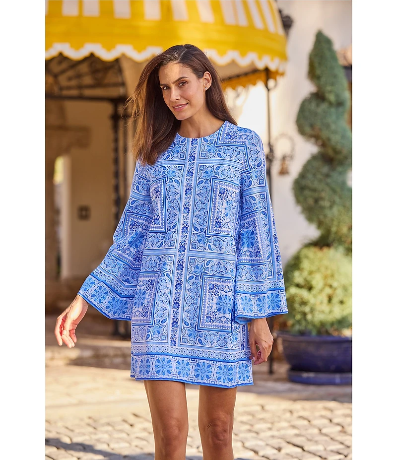 Jude Connally Renata Palace Tapestry Print Crew Neck Long Bell Sleeve Swing Dress
