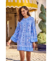 Jude Connally Renata Palace Tapestry Print Crew Neck Long Bell Sleeve Swing Dress