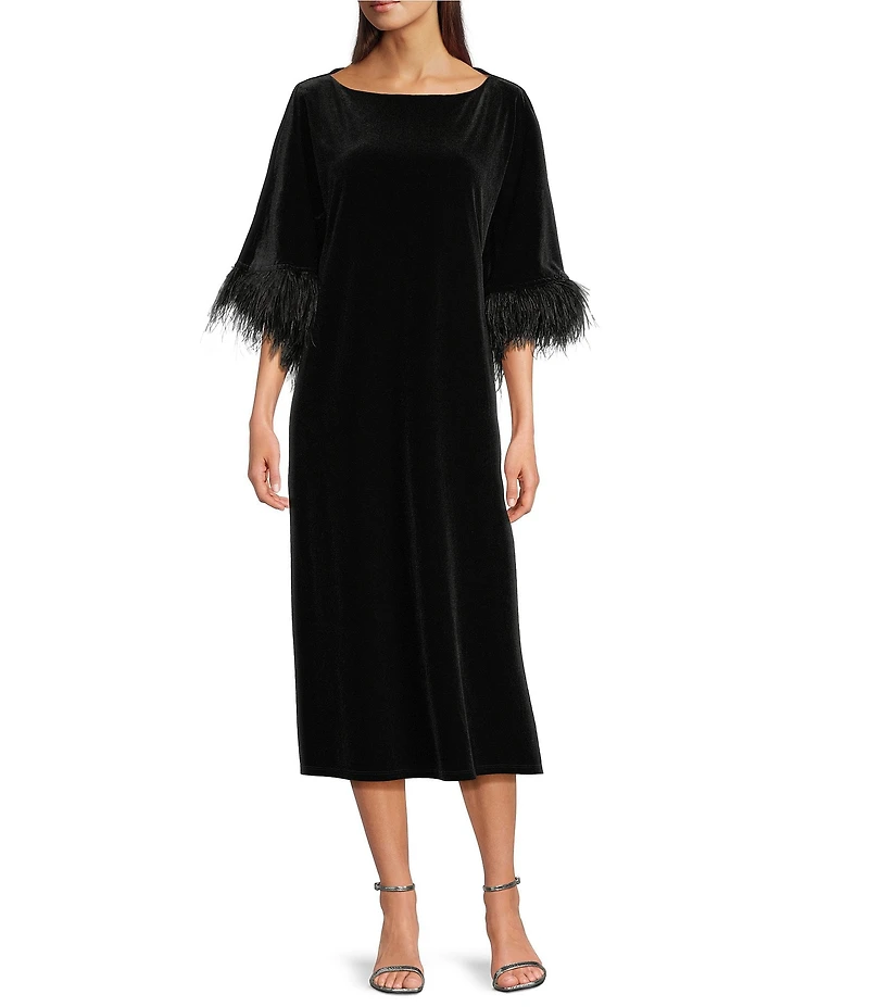 Jude Connally Royce Velvet Round Neck Elbow Sleeve Feather Midi Caftan Dress