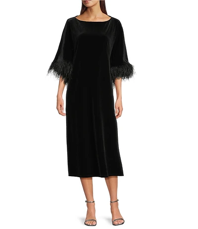 Jude Connally Royce Velvet Round Neck Elbow Sleeve Feather Midi Caftan Dress