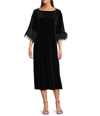 Jude Connally Royce Velvet Round Neck Elbow Sleeve Feather Midi Caftan Dress