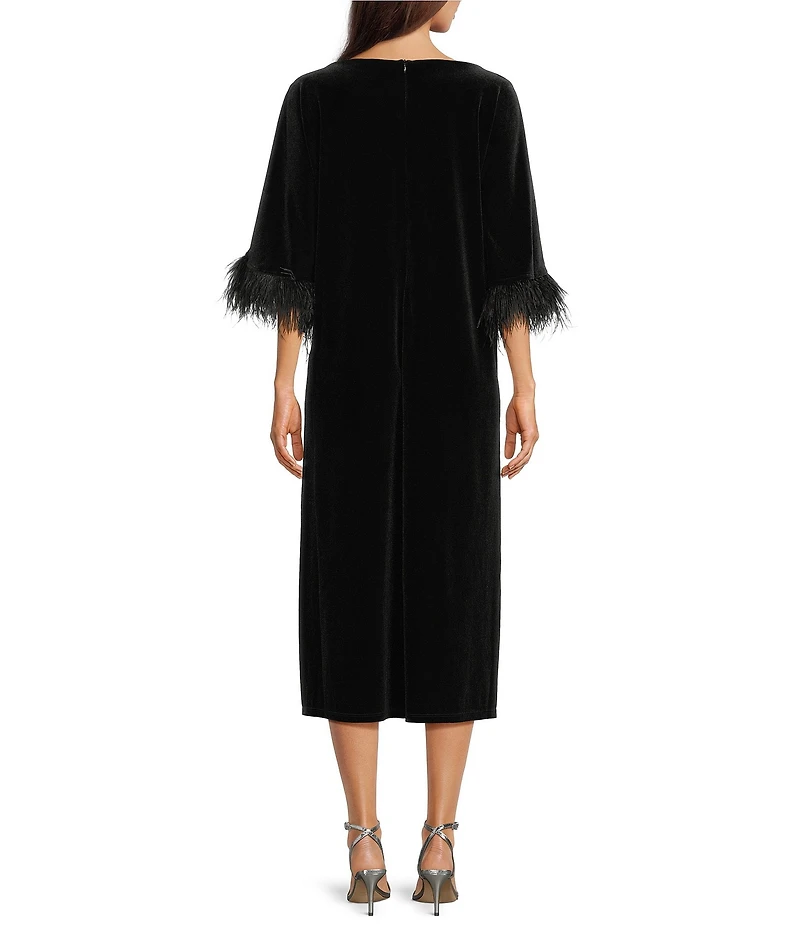 Jude Connally Royce Velvet Round Neck Elbow Sleeve Feather Midi Caftan Dress