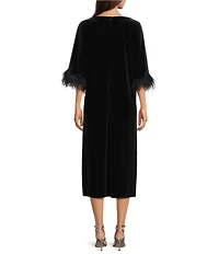 Jude Connally Royce Velvet Round Neck Elbow Sleeve Feather Midi Caftan Dress
