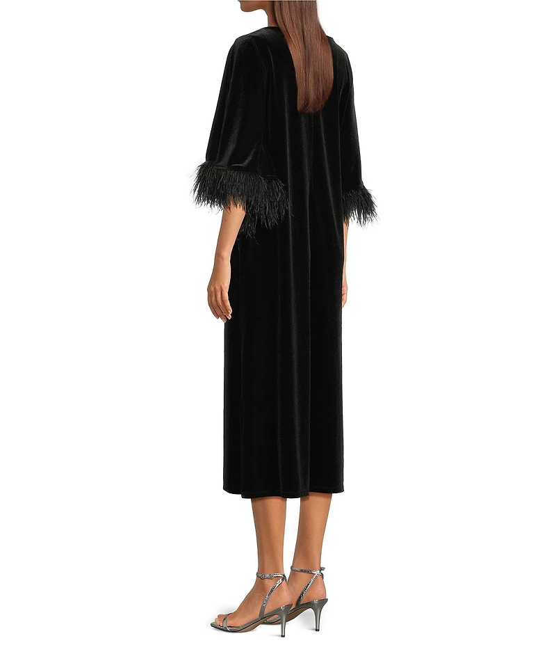 Jude Connally Royce Velvet Round Neck Elbow Sleeve Feather Midi Caftan Dress