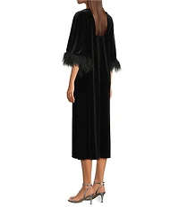 Jude Connally Royce Velvet Round Neck Elbow Sleeve Feather Midi Caftan Dress