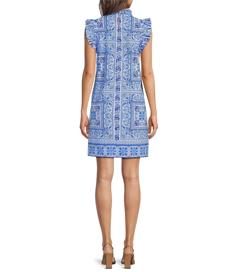 Jude Connally Shari Stretch Knit Palace Tapestry Print Ruffle Trim Mock Neck Cap Sleeve Shift Dress