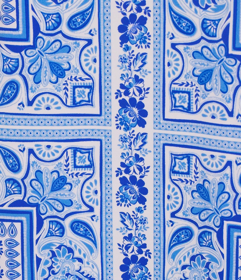 Jude Connally Shari Stretch Knit Palace Tapestry Print Ruffle Trim Mock Neck Cap Sleeve Shift Dress