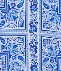 Jude Connally Shari Stretch Knit Palace Tapestry Print Ruffle Trim Mock Neck Cap Sleeve Shift Dress