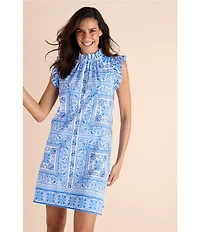 Jude Connally Shari Stretch Knit Palace Tapestry Print Ruffle Trim Mock Neck Cap Sleeve Shift Dress