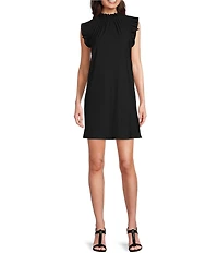 Jude Connally Shari Stretch Knit Ruffle Trim Mock Neck Cap Sleeve Shift Dress