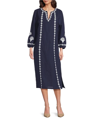 Jude Connally Shauna Linen Blend Embroidered Split V-Neck Long Sleeve Sheath Midi Dress