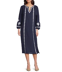 Jude Connally Shauna Linen Blend Embroidered Split V-Neck Long Sleeve Sheath Midi Dress