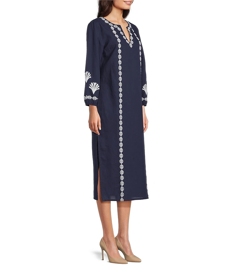 Jude Connally Shauna Linen Blend Embroidered Split V-Neck Long Sleeve Sheath Midi Dress
