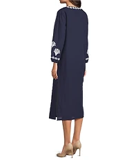 Jude Connally Shauna Linen Blend Embroidered Split V-Neck Long Sleeve Sheath Midi Dress