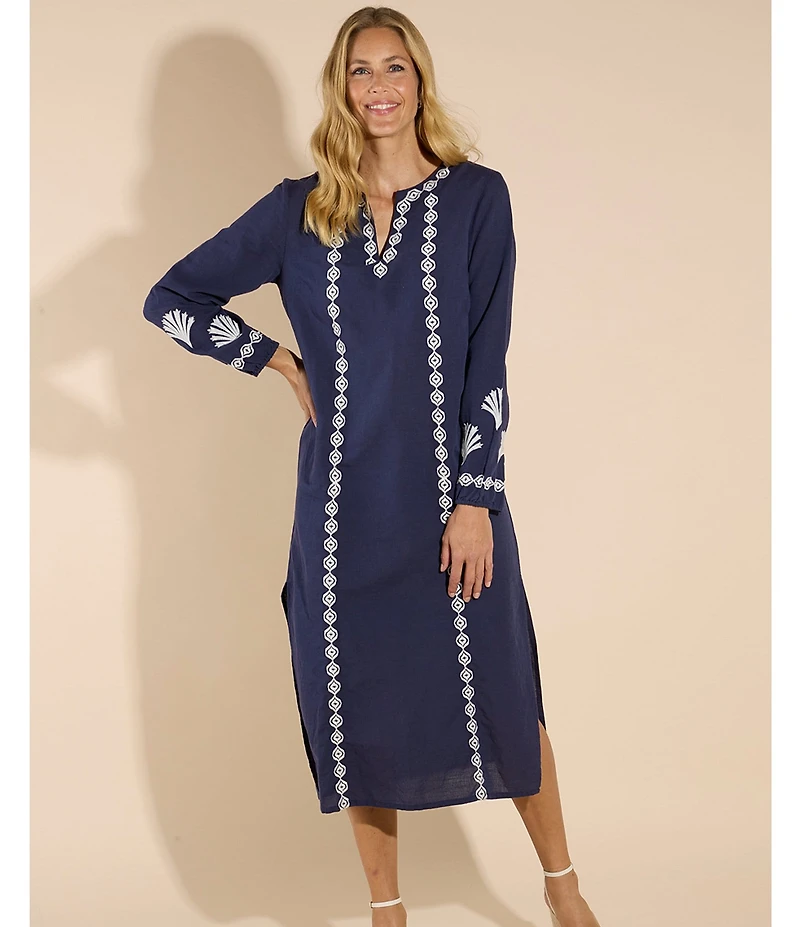 Jude Connally Shauna Linen Blend Embroidered Split V-Neck Long Sleeve Sheath Midi Dress