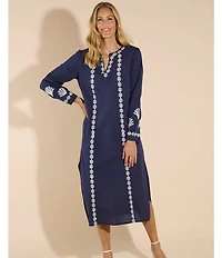 Jude Connally Shauna Linen Blend Embroidered Split V-Neck Long Sleeve Sheath Midi Dress