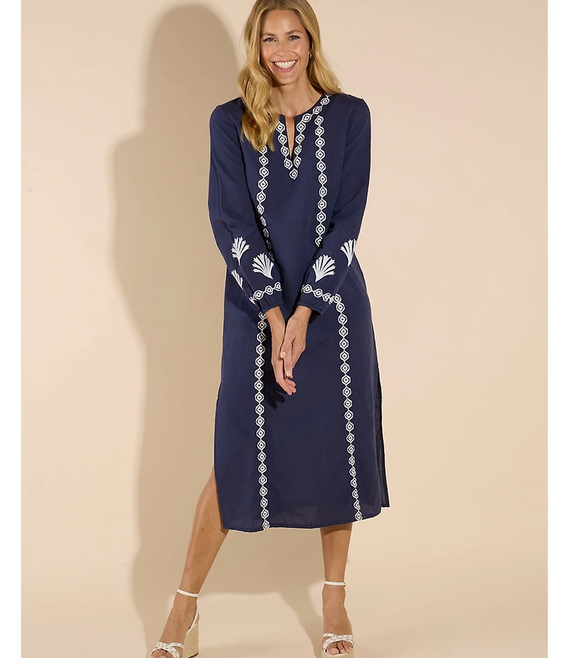 Jude Connally Shauna Linen Blend Embroidered Split V-Neck Long Sleeve Sheath Midi Dress