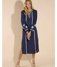 Jude Connally Shauna Linen Blend Embroidered Split V-Neck Long Sleeve Sheath Midi Dress