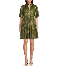 Jude Connally Shirley Tiger Safari Metallic Cotton Voile V-Neck Short Flutter Tiered Swing Dress