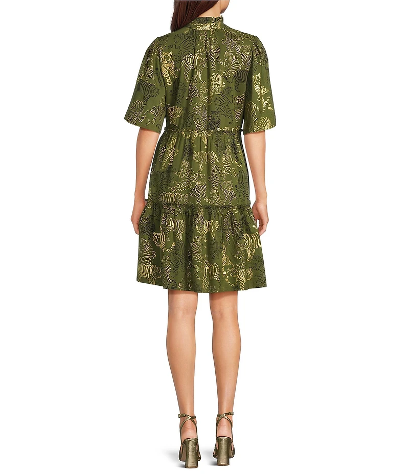 Jude Connally Shirley Tiger Safari Metallic Cotton Voile V-Neck Short Flutter Tiered Swing Dress