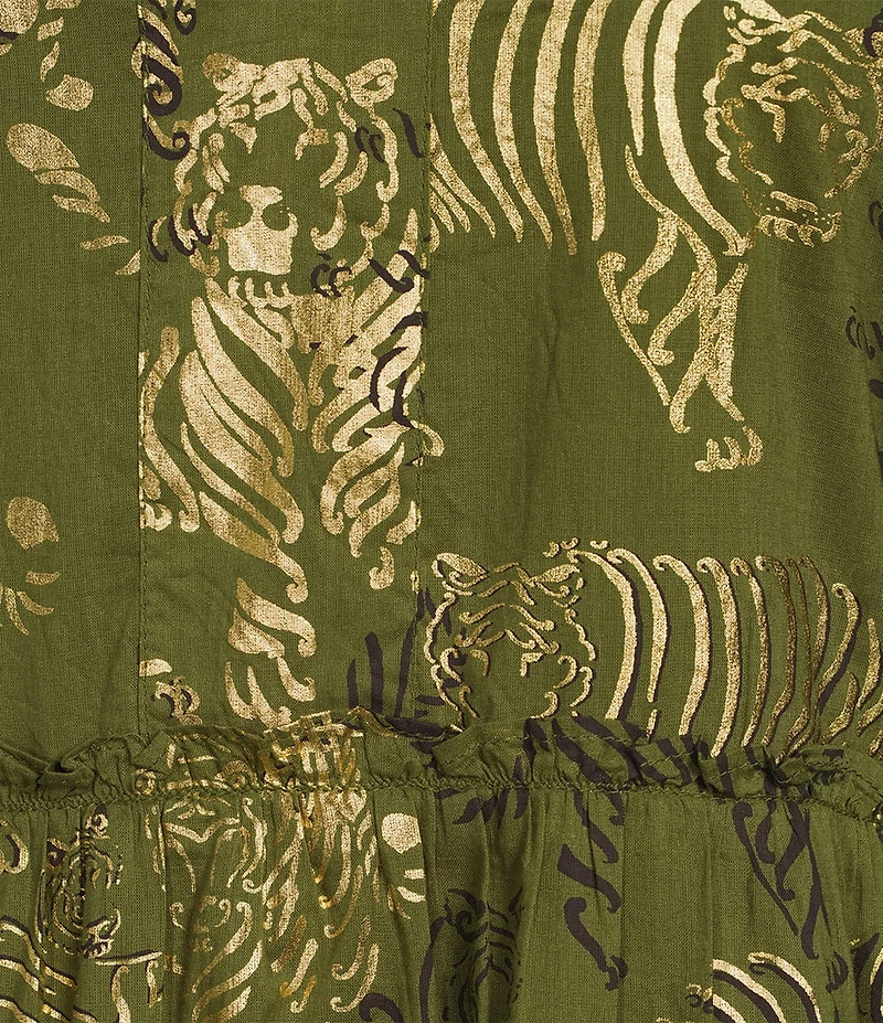 Jude Connally Shirley Tiger Safari Metallic Cotton Voile V-Neck Short Flutter Tiered Swing Dress