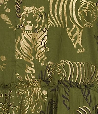 Jude Connally Shirley Tiger Safari Metallic Cotton Voile V-Neck Short Flutter Tiered Swing Dress
