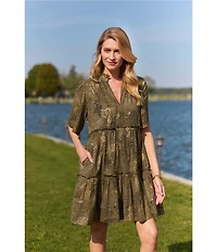 Jude Connally Shirley Tiger Safari Metallic Cotton Voile V-Neck Short Flutter Tiered Swing Dress